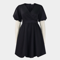 Wrap V Neck Midi Dress with Puff Sleeves and Flared Skirt
