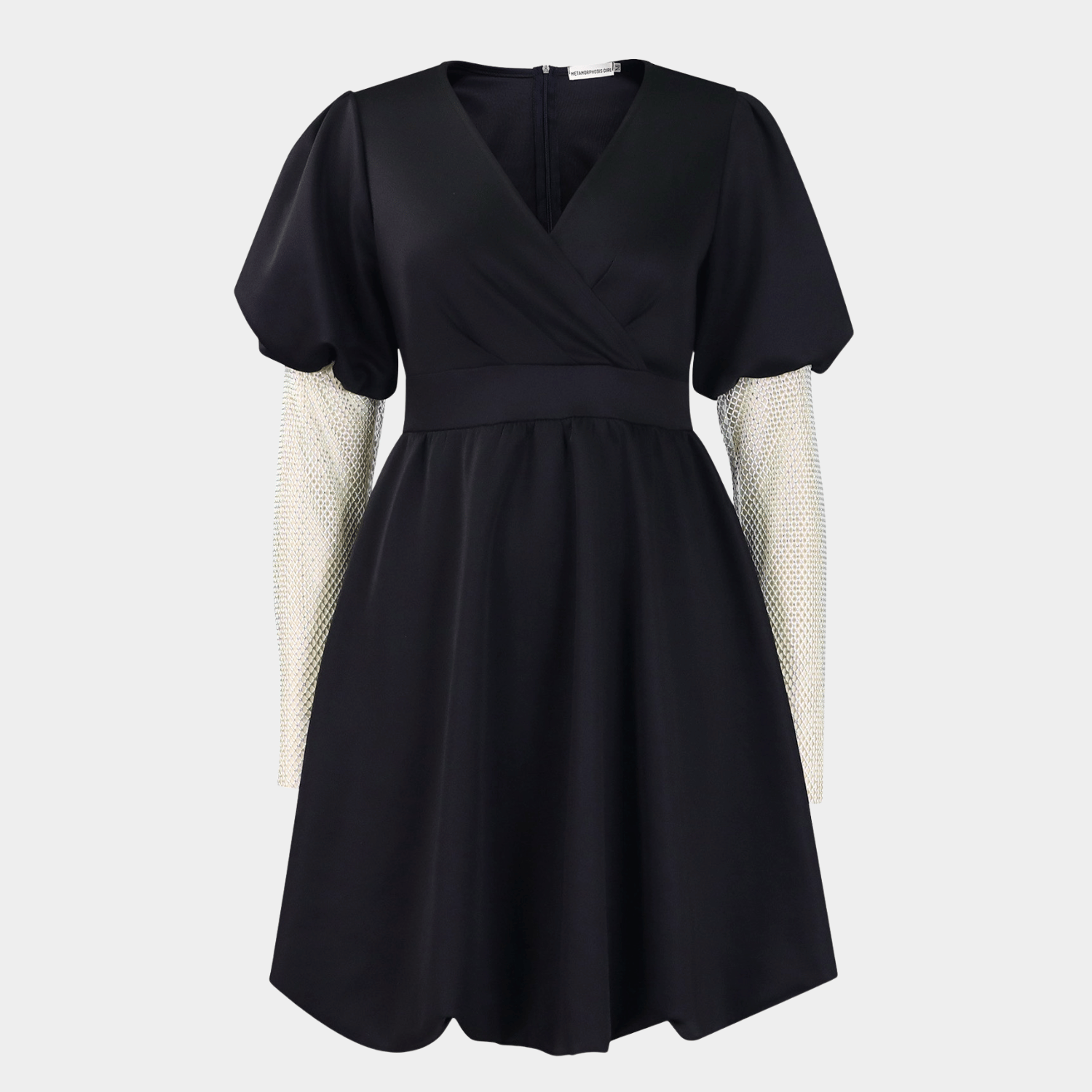 Wrap V Neck Midi Dress with Puff Sleeves and Flared Skirt