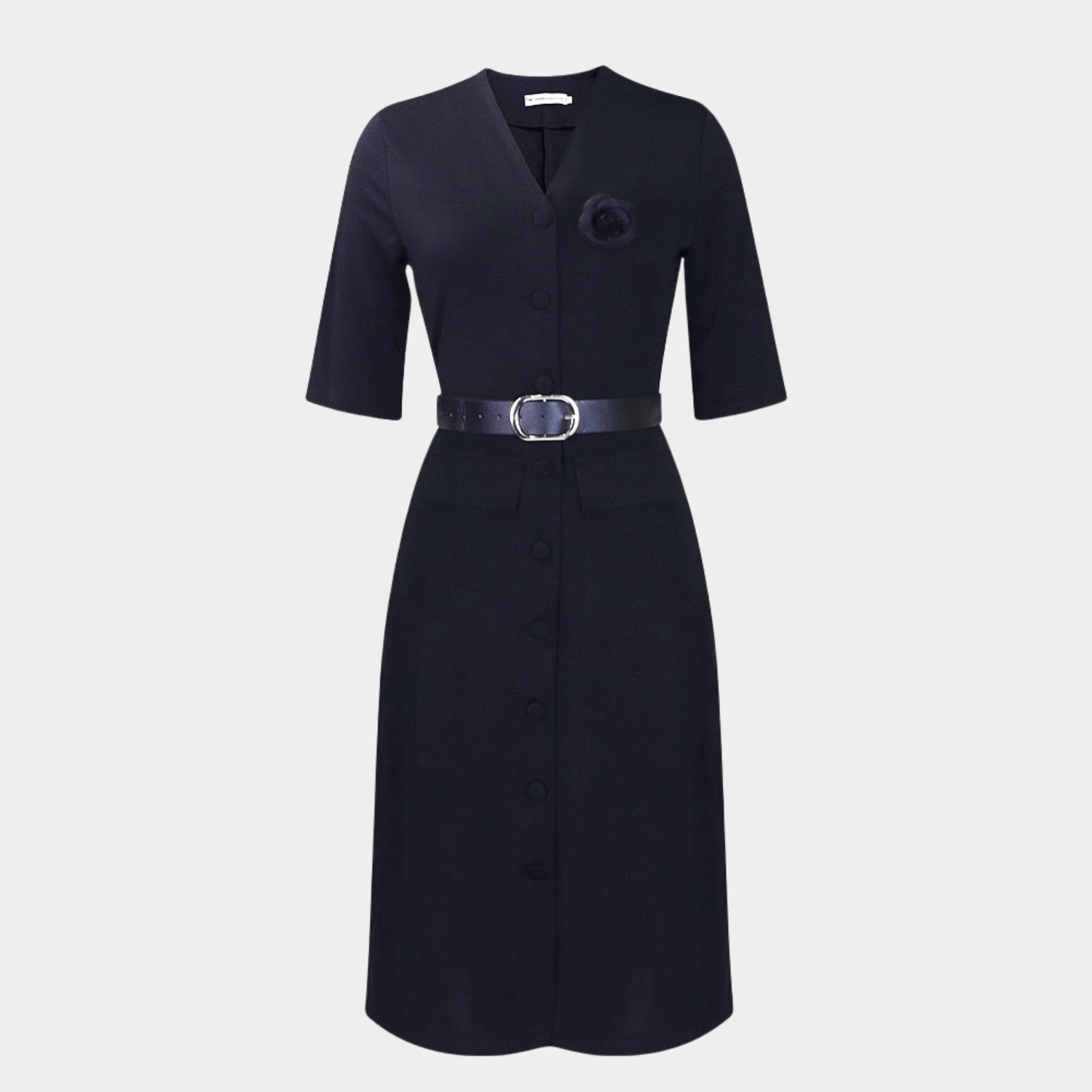 Tailored Midi Dress with Floral Accent and Belted Waist