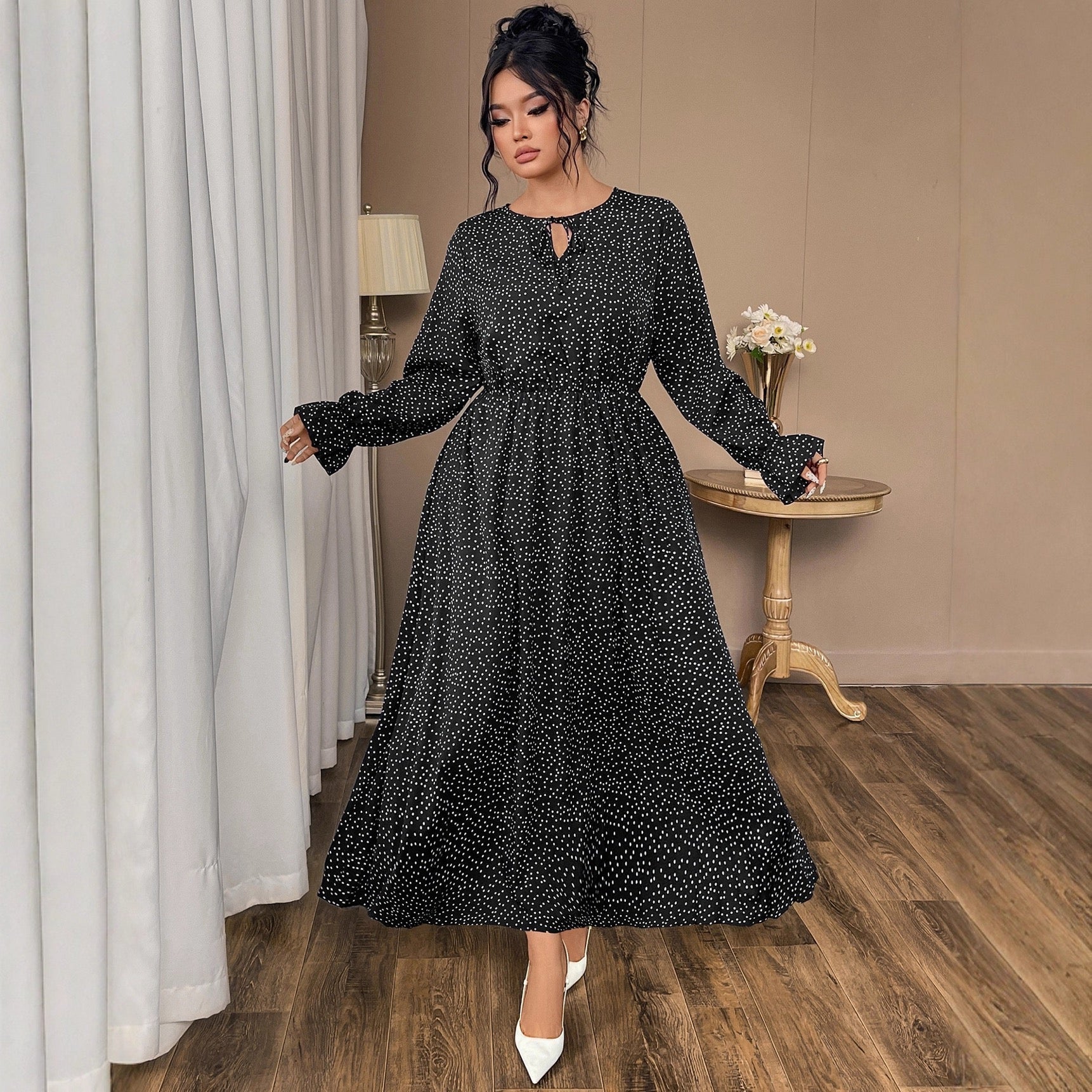Plus Size Relaxed Polka Dot Maxi Dress with Adjustable Neckline