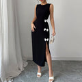 Elegant Black Bow Detail Sleeveless Midi Dress